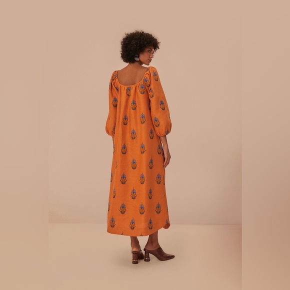 NWT Farm Rio Orange Embroidered Midi Dress - Pineapple’s - Size Large - Picture 5 of 16